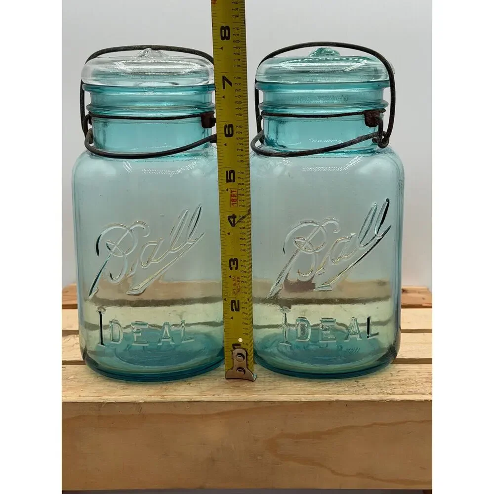 Vintage Ball Ideal Aqua Blue Quart Mason Jars - Lot of 2 - 7.75” Tall